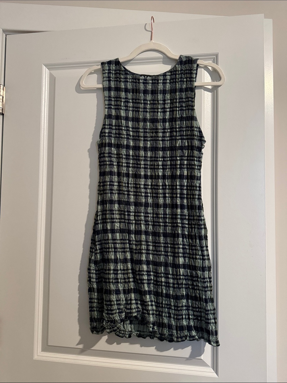 NWT Motel Sleeveless Plaid Textured Shift Dress in Green and Navy